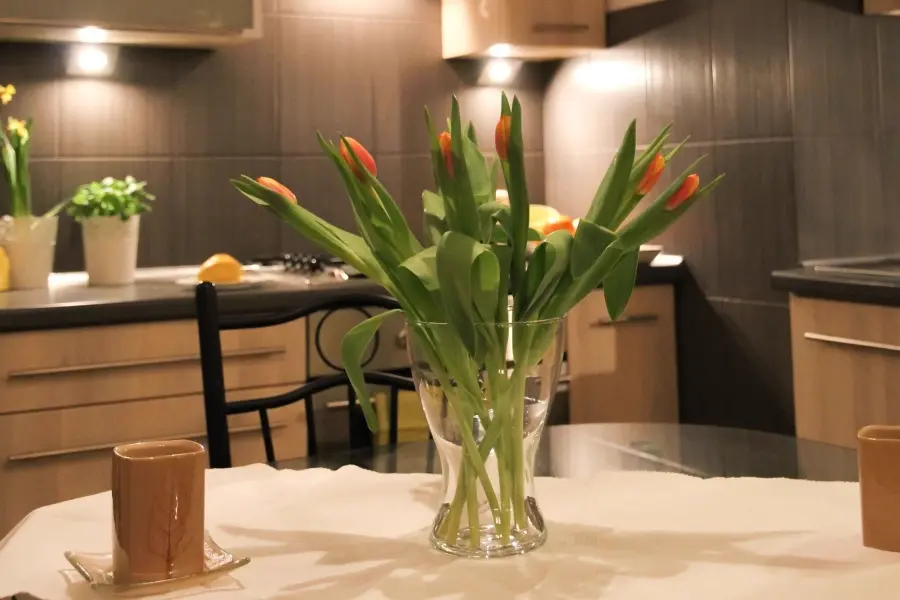 Florero con tulipanes sobre la mesa de una cocina, referencia al contenido de lifestyle y maternidad en Instagram México